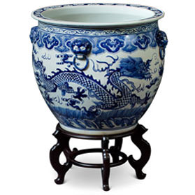 22 Inch Blue and White Porcelain Imperial Dragon Chinese Fishbowl Planter