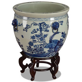 22 Inch Blue and White Porcelain Bird and Flower Chinese Fishbowl Planter