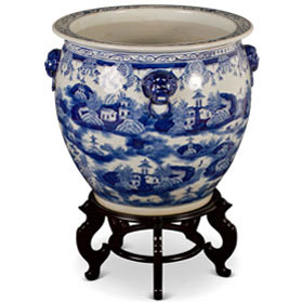 22 Inch Blue and White Porcelain Chinoiserie Village Scenery Oriental Fishbowl Planter