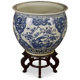 23 Inch Blue and White Porcelain Bird and Flower Motif Oriental Fishbowl Planter
