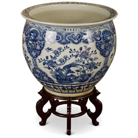 23 Inch Blue and White Porcelain Bird and Flower Motif Oriental Fishbowl Planter