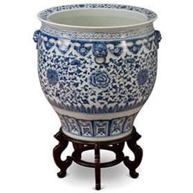 Blue and White Porcelain Peony Motif Fishbowl Planter