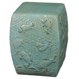 Distressed Celadon Porcelain Koi Fish Pond Asian Garden Stool