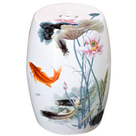 White Porcelain Koi Fish Lotus Pond Motif Asian Garden Stool