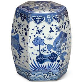 Blue & White Porcelain Lotus and Fish Motif Chinese Garden Stool