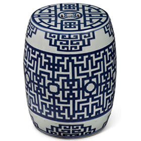 Blue & White Porcelain Chinese Key Motif Garden Stool
