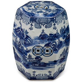 Blue & White Porcelain Chinese Scenery Hexagon Garden Stool