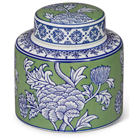 Green and White Peony Flower Motif Oriental Porcelain Tea Jar
