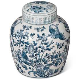 Blue and White Bird and Flower Motif Chinese Porcelain Tea Jar