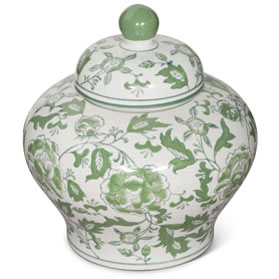 Green and White Flower Motif Oriental Porcelain Tea Jar