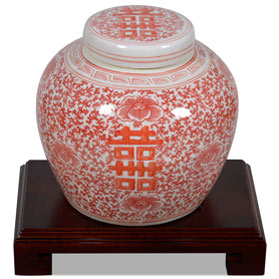 Red and White Porcelain Double Happiness Oriental Jar