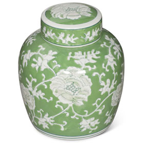 Green and White Peony Flower Motif Oriental Porcelain Tea Jar
