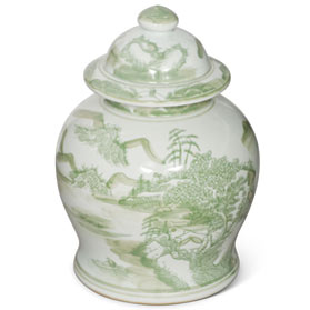 Green and White Scenery Motif Oriental Porcelain Jar with Lid