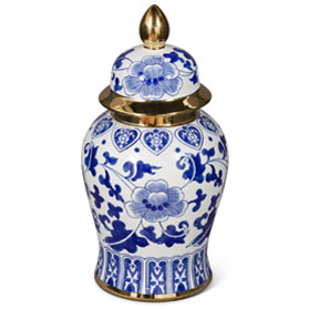 14 Inch Blue and White Porcelain Oriental Ginger Jar with Gold Accent