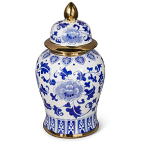 18 Inch Blue and White Porcelain Oriental Ginger Jar with Gold Accent