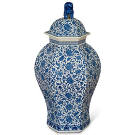 Floral Blue and White Oriental Ginger Jar with Foo Dog Motif Lid