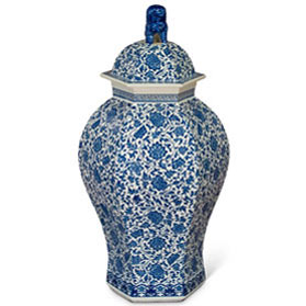 Floral Blue and White Oriental Ginger Jar with Foo Dog Motif Lid