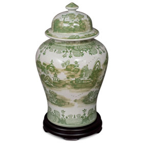 22 Inch Green Chinoiserie Scenery Motif Porcelain Ginger Jar