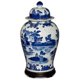 23.5 Inch Blue & White Scenery Motif Porcelain Ginger Jar