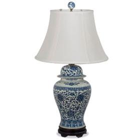 Blue and White Peony Motif Asian Porcelain Lamp