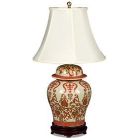 Red and Gold Floral Vine Motif Asian Temple Jar Porcelain Lamp