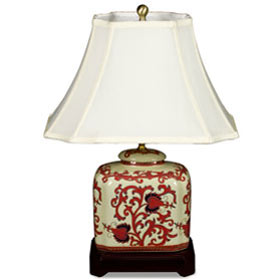 Red and Gold Floral Vine Motif Rectangular Asian Porcelain Jar Lamp