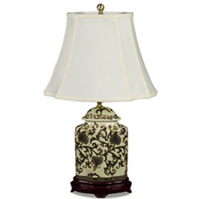 Black and Gold Floral Vine Motif Asian Porcelain Lamp