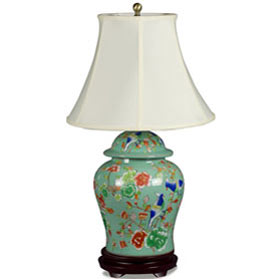 Light Teal Green Flower and Bird Motif Asian Porcelain Lamp