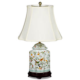 White Bird and Flower Motif Asian Porcelain Lamp