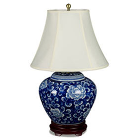 Blue and White Peony Motif Asian Porcelain Lamp