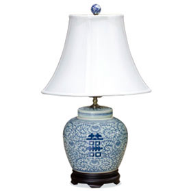 Blue and White Double Happiness Asian Porcelain Lamp