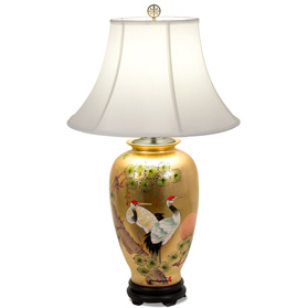 Gold Leaf Longevity Cranes Motif Asian Porcelain Lamp