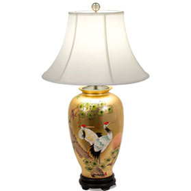 Gold Leaf Longevity Cranes Motif Asian Porcelain Lamp