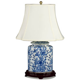 Blue and White Flower Motif Asian Porcelain Lamp