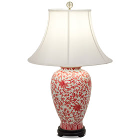 Red and White Peony Motif Asian Porcelain Lamp