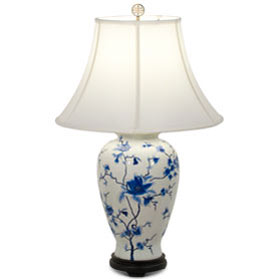 Blue and White Magnolia Motif Oriental Porcelain Lamp