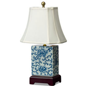 Blue and White Peony Motif Rectangular Asian Porcelain Lamp