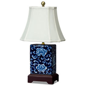 Dark Blue and White Peony Motif Rectangular Asian Porcelain Lamp