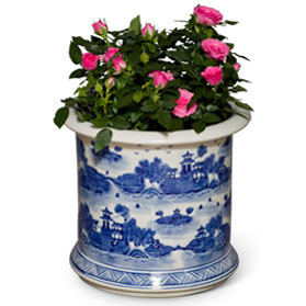 Blue and White Village Landscape Motif Porcelain Chinese Flower Planter