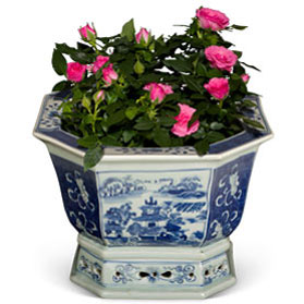 Octagonal Blue and White Landscape Motif Porcelain Chinese Flower Planter