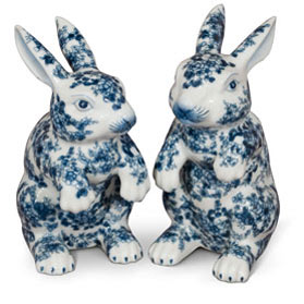 Blue and White Porcelain Rabbit Chinese Statue Set