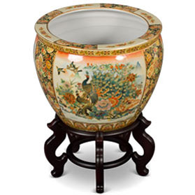 16 Inch Hand Painted Satsuma Peacock Design Porcelain Chinese Fishbowl Planter