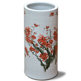 Hand Painted Red Cherry Blossom Design Asian Porcelain Umbrella Stand