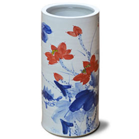 Hand Painted Blue and Red Lotus Design Asian Porcelain Umbrella Stand