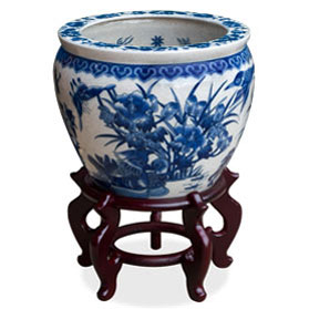 12 Inch Blue and White Porcelain Canton Chinese Fishbowl Planter