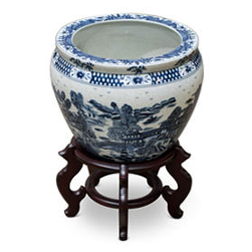 12 Inch Blue Canton Porcelain Chinese Fishbowl Planter