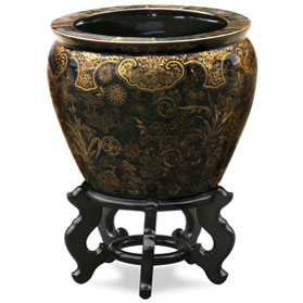 12 Inch Black and Gold Floral Design Chinese Fishbowl Planter