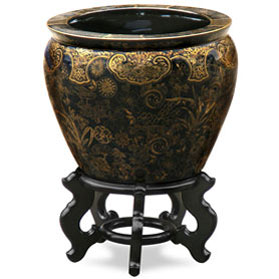 12 Inch Black and Gold Floral Design Chinese Fishbowl Planter