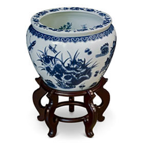 14 Inch Blue and White Porcelain Lotus Pond Chinese Fishbowl Planter