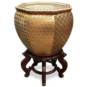 14 Inch Gilded Porcelain Yosegi Japanese Fishbowl Planter